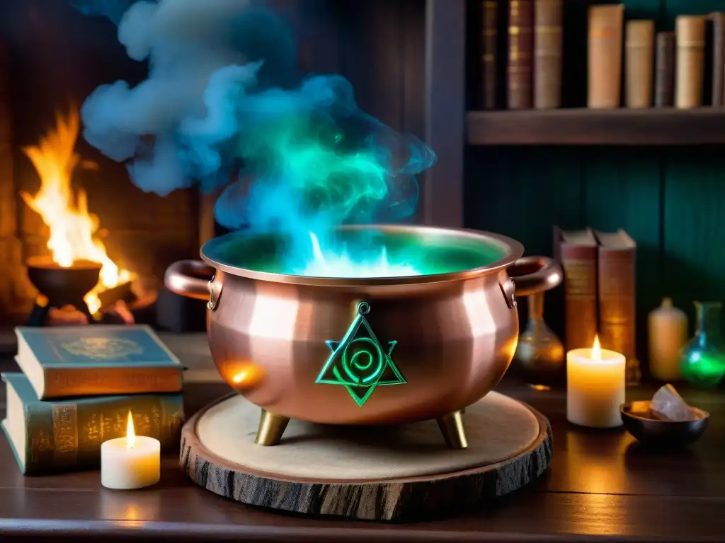 Un caldero de cobre con símbolos místicos y runas brillantes sobre el fuego, en un taller de mago