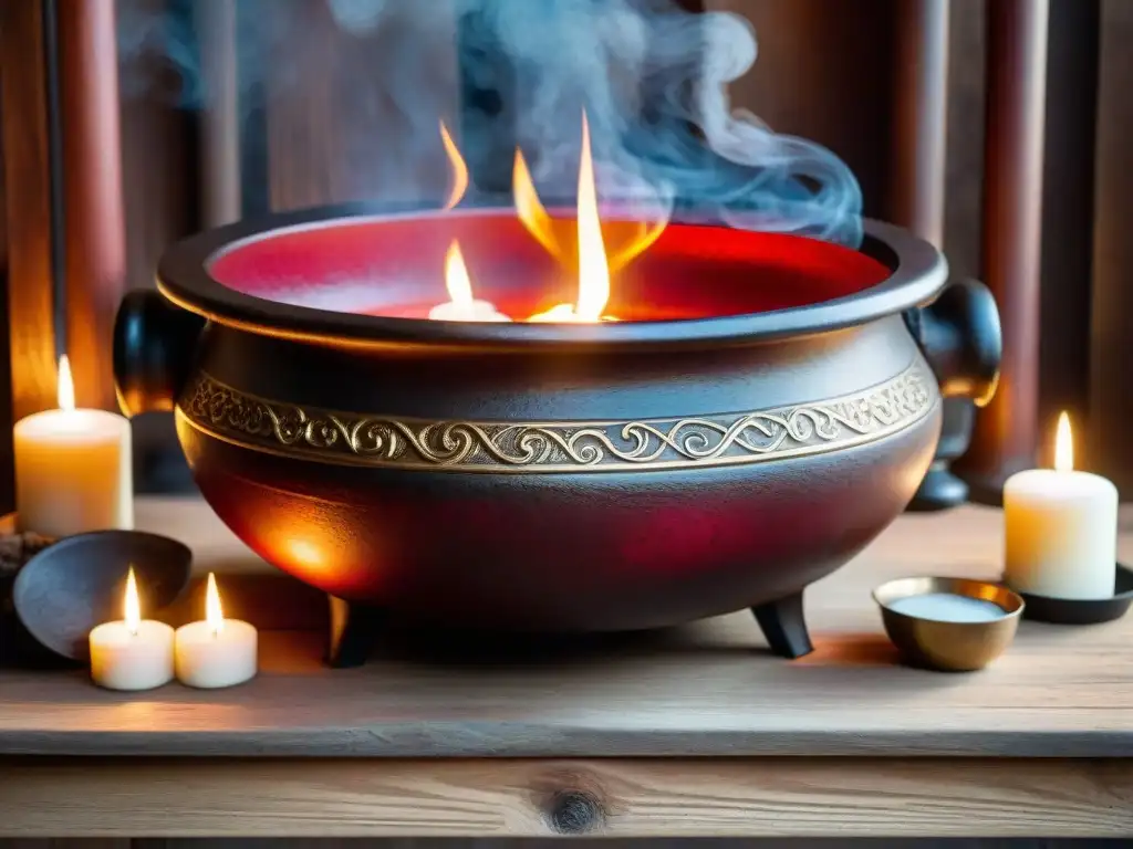 Un caldero de hierro fundido en un altar de madera, rodeado de velas y humo aromático