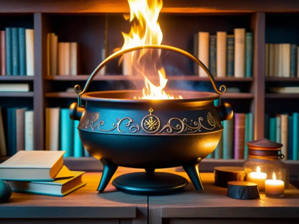 Un caldero de hierro fundido con símbolos antiguos y grabados místicos, sobre fuego en una habitación llena de libros de hechizos y ingredientes mágicos