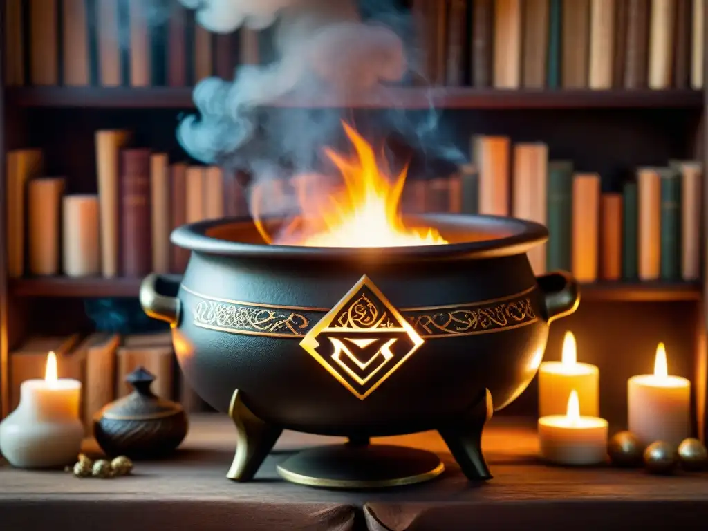 Un caldero mágico brilla sobre el fuego, rodeado de ingredientes y libros, creando un escenario encantador