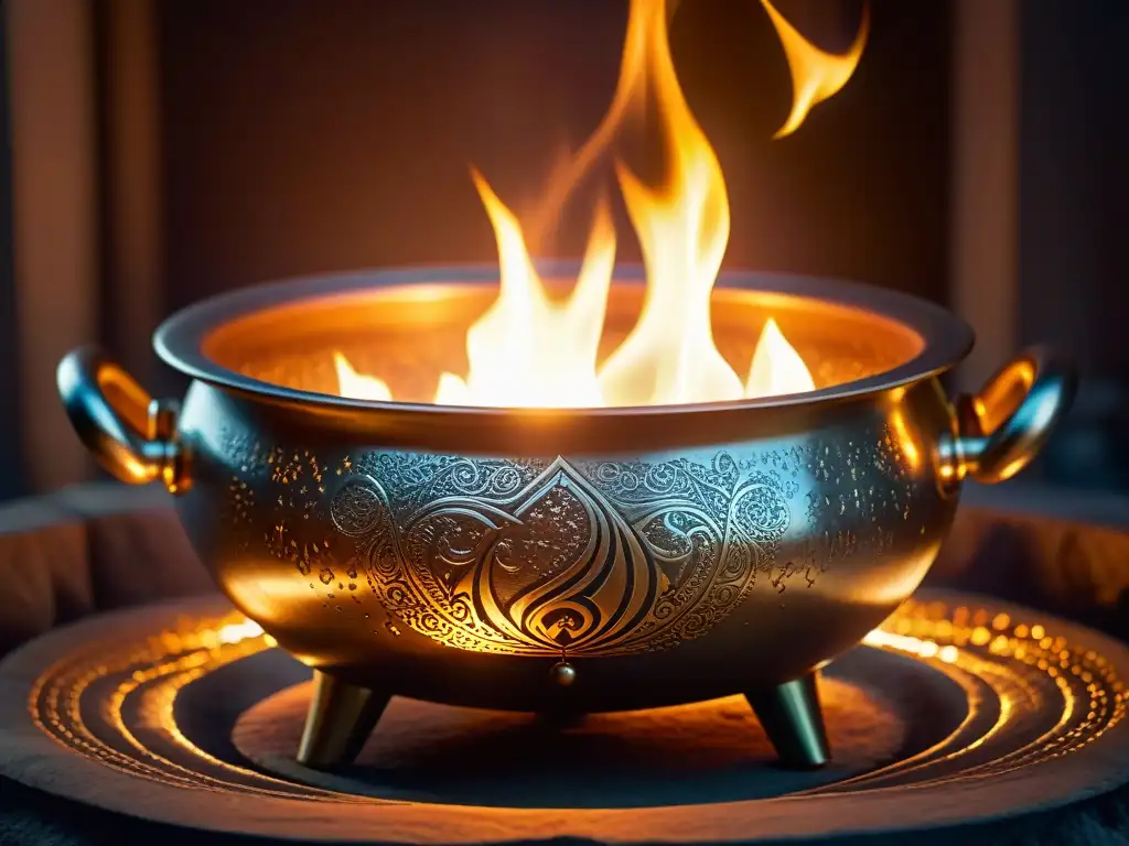 Caldero mágico iluminado por velas con símbolos enigmáticos, emanando energía mística
