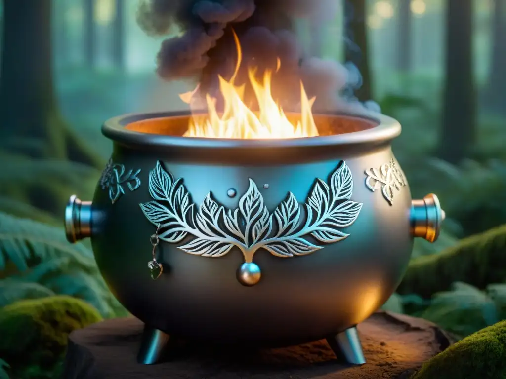 Un caldero mágico de plata brillante, con runas antiguas, emite un suave resplandor en un bosque iluminado por la luna