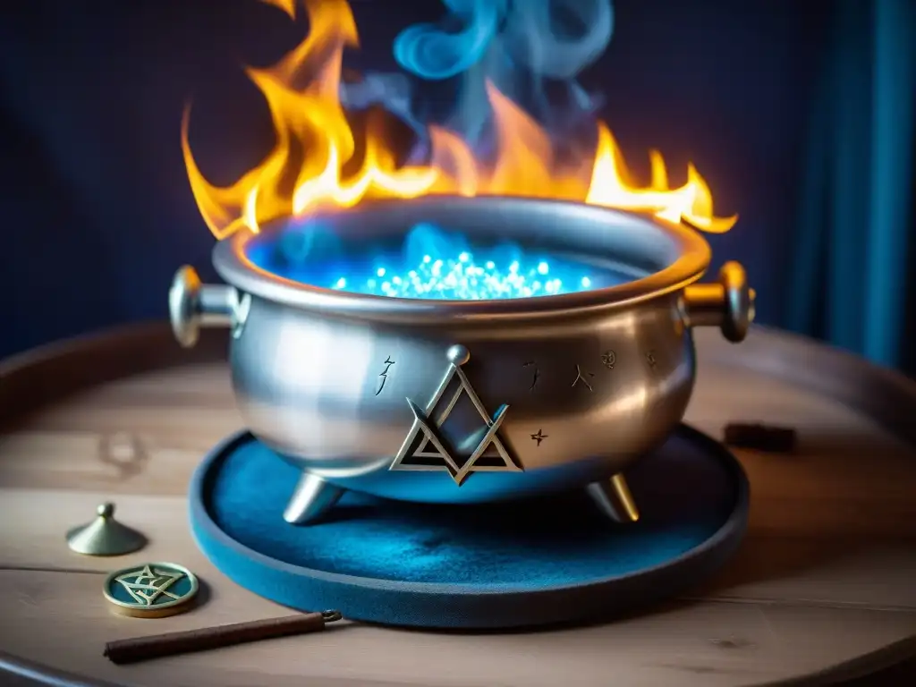 Un caldero mágico de plata brillante, decorado con símbolos antiguos que resplandecen suavemente sobre llamas azules