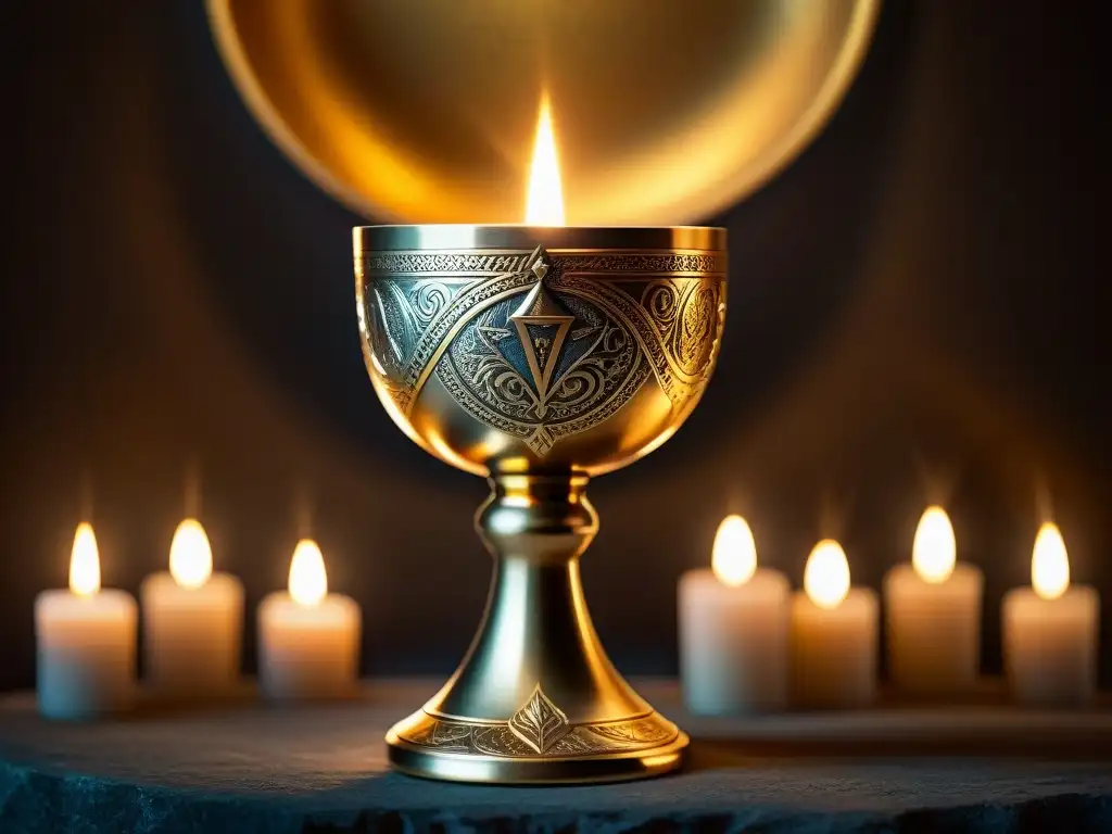 Un cáliz de oro grabado con símbolos de poder y protección, en un altar de piedra iluminado por velas