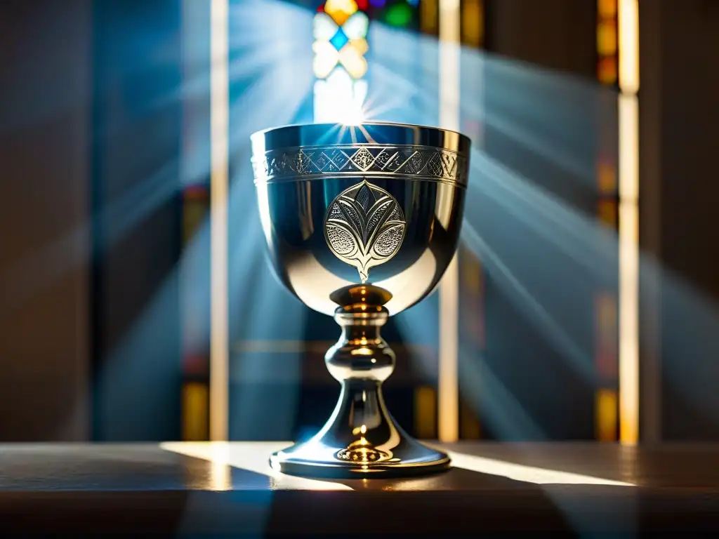 Un cáliz de plata lleno de agua brillante, iluminado por luz solar a través de vitral en iglesia, evocando reverencia y conexión espiritual