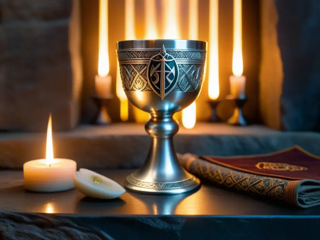 Un caliz plateado y una espada brillante con símbolos de poder, reposan en un altar de piedra, iluminados por velas