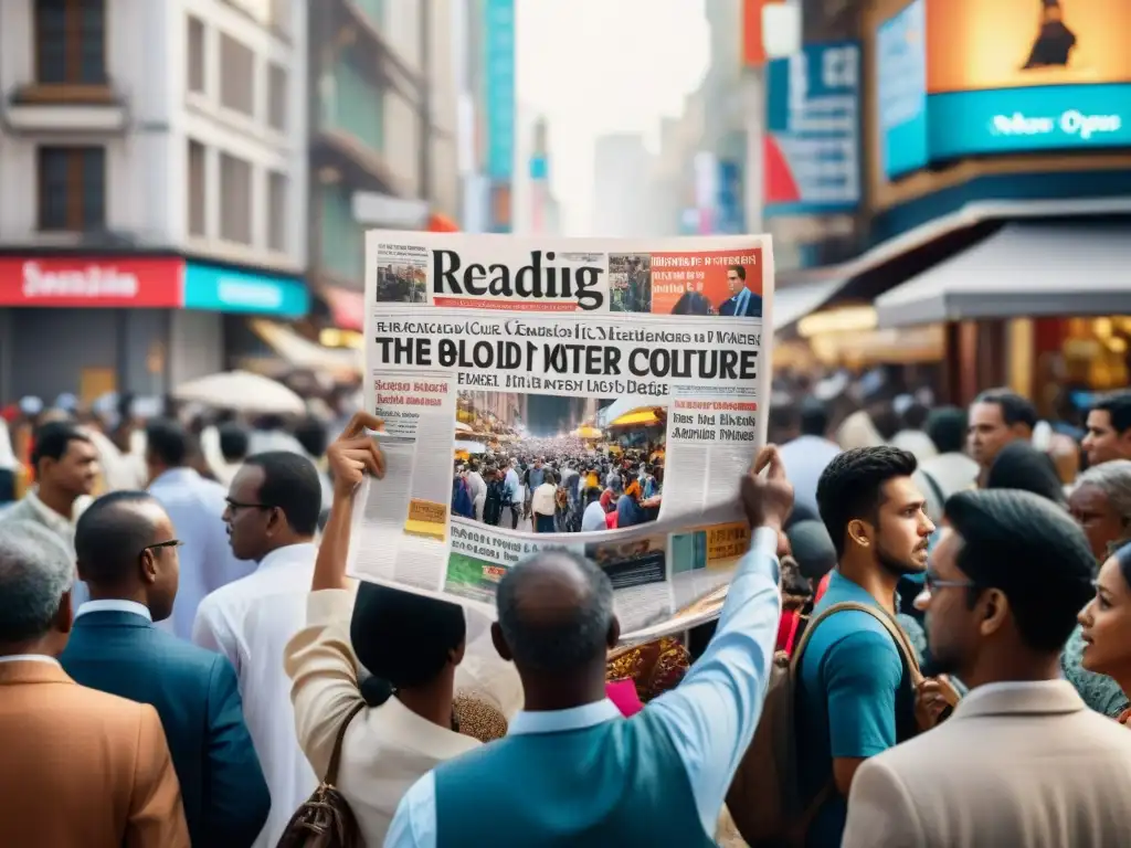 Una calle abarrotada con personas de diversas culturas leyendo periódicos en distintos idiomas sobre eventos esotéricos cobertura mediática