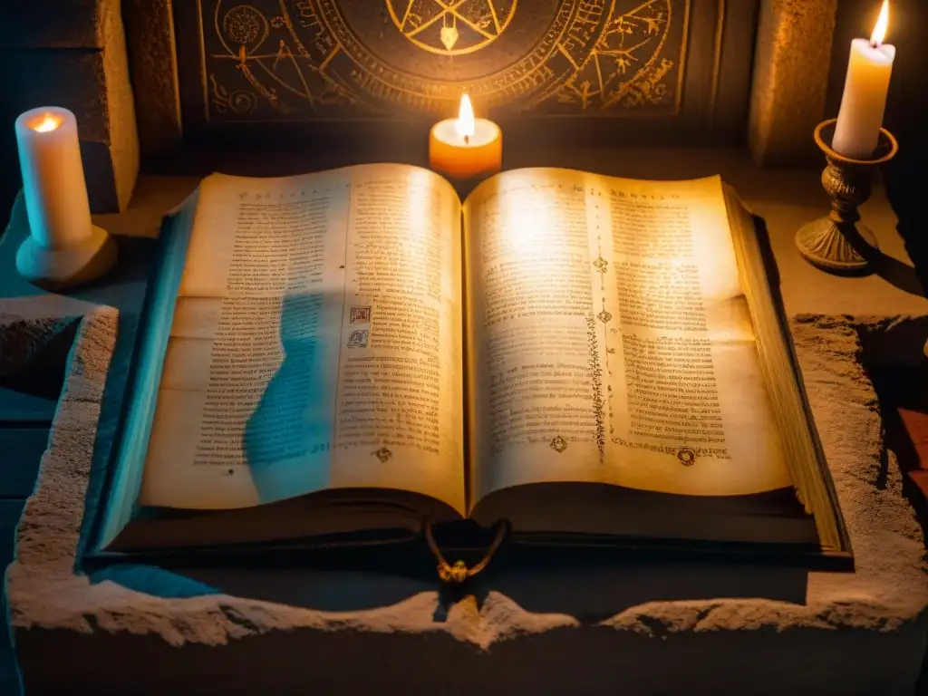 En una cámara con luz tenue, un antiguo grimorio abierto en un altar de piedra, iluminado por velas