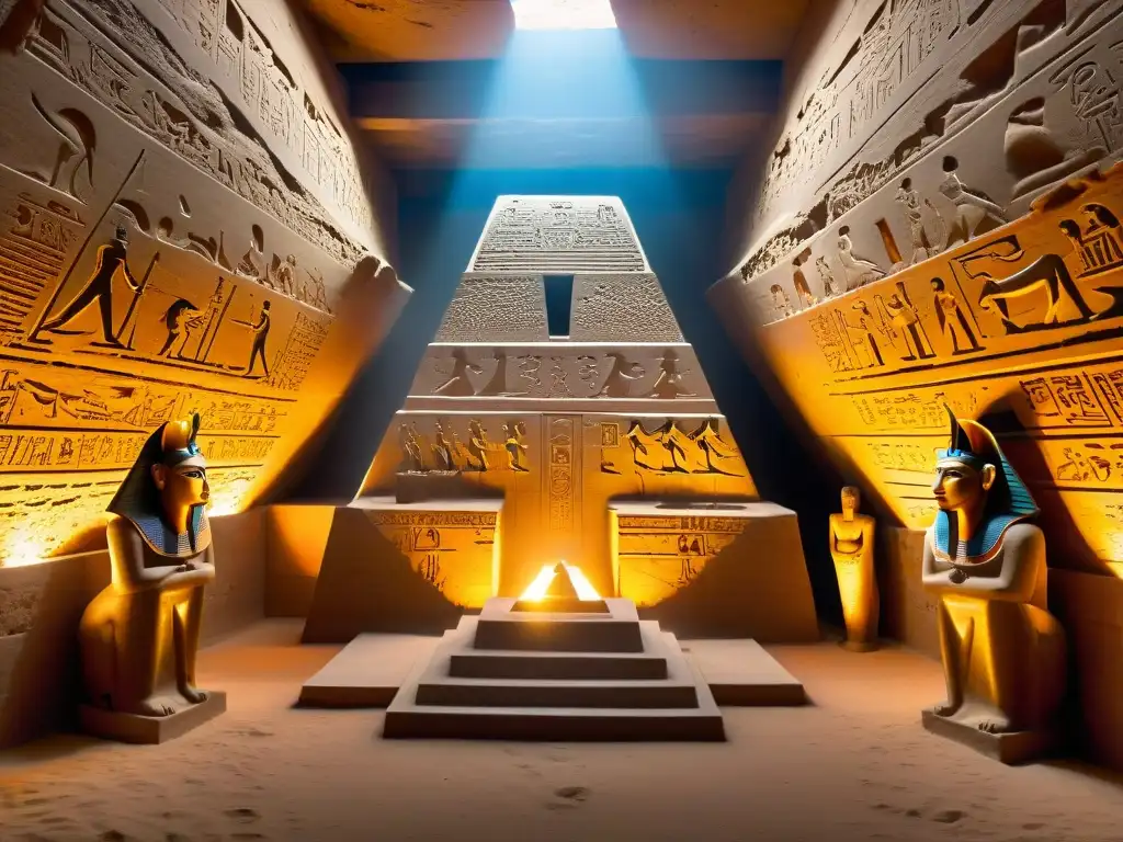 Descubre la cámara secreta en la pirámide egipcia, llena de jeroglíficos y la estatua de Anubis