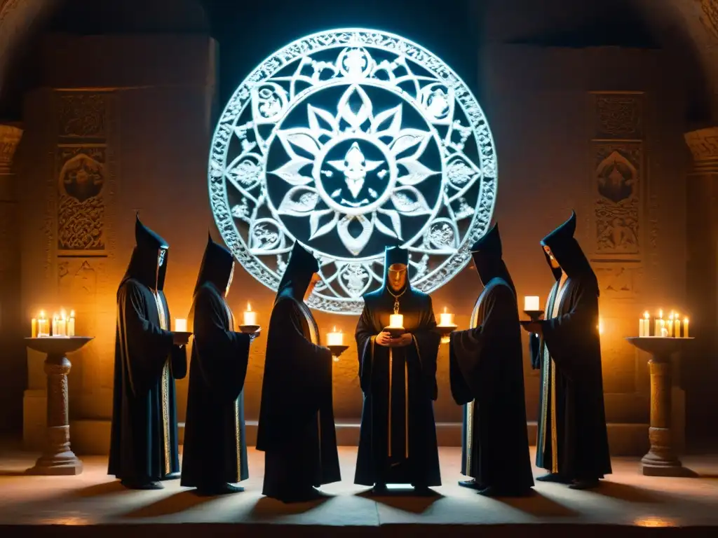 En la cámara sombría, miembros de la Orden de los Nueve Ángulos se preparan para un ritual