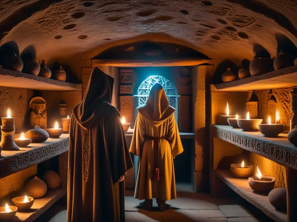 En una cámara subterránea antigua iluminada por velas, figuras encapuchadas rodean un altar misterioso, invocando poderes