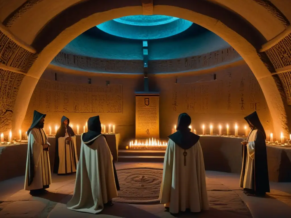 En una cámara subterránea iluminada débilmente, figuras encapuchadas rodean un altar de piedra con manuscritos corales antiguos