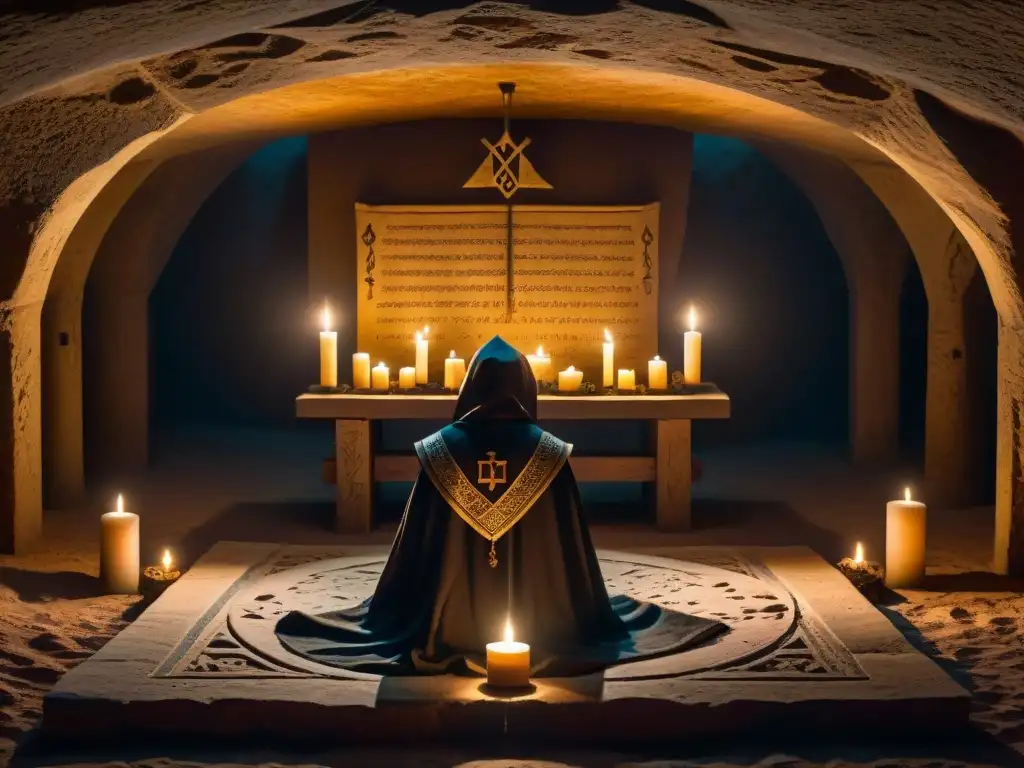 En una cámara subterránea iluminada tenue, figuras encapuchadas realizan un ritual secreto con símbolos misteriosos y velas