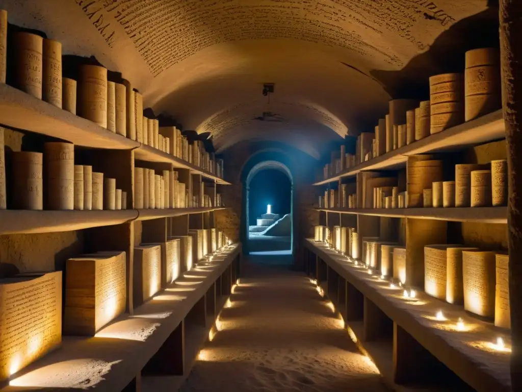 Antigua cámara subterránea con pergaminos y artefactos iluminados Una cámara subterránea llena de antiguos pergaminos y artefactos iluminados por un rayo de luz, revelando secretos sociedades secretas historia
