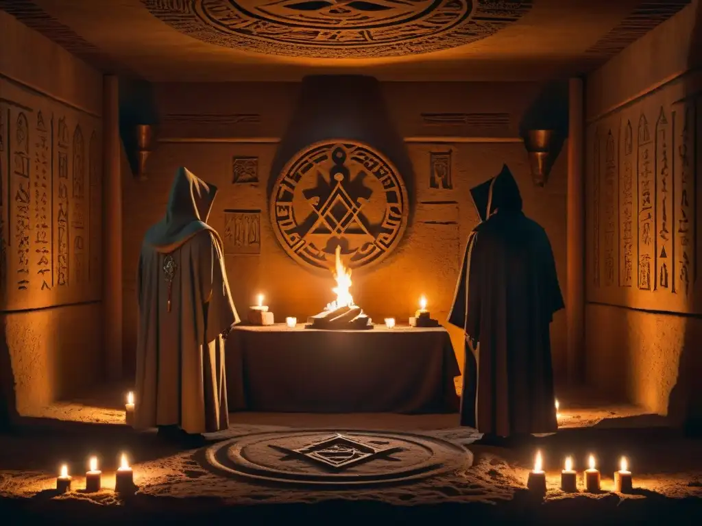 Rituales misteriosos en cámara subterránea En una cámara subterránea con símbolos y velas, figuras encapuchadas rodean un altar misterioso en rituales de iniciación sociedades secretas