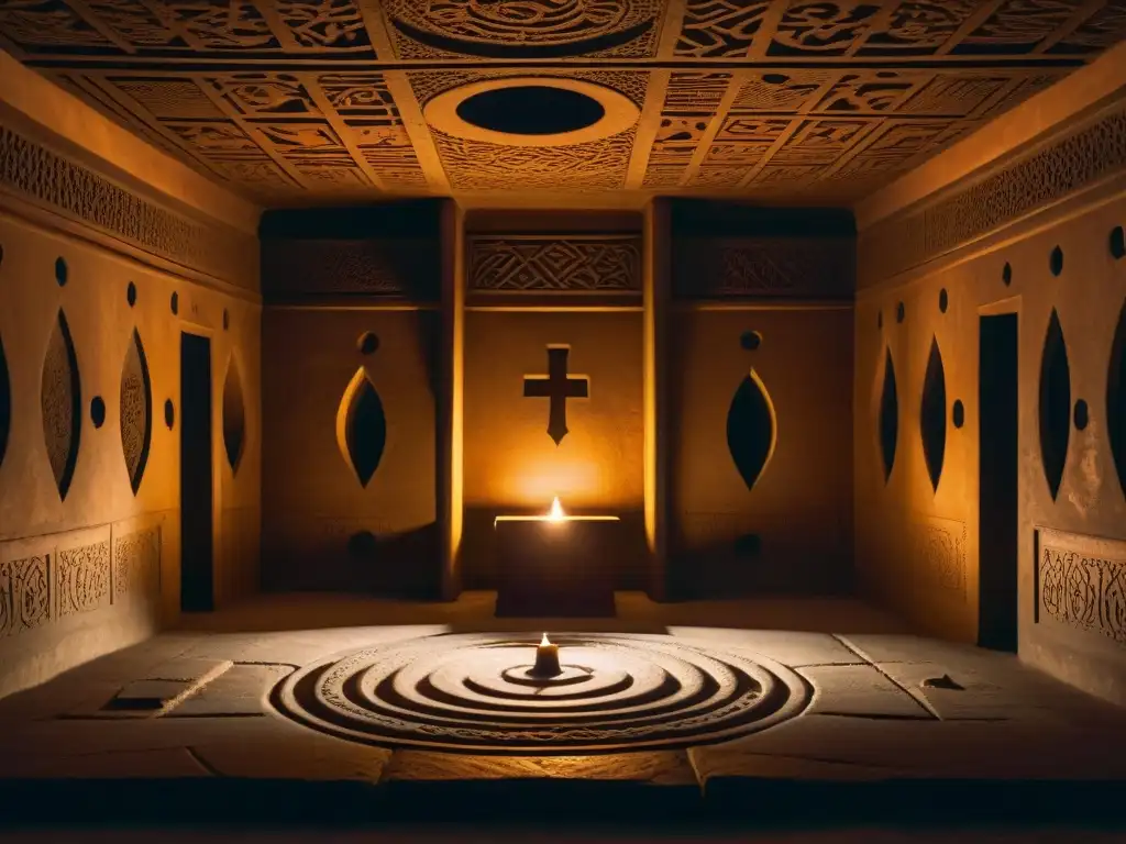 Ritual secreto en cámara subterránea En una cámara subterránea, sociedades secretas realizan misteriosos rituales alrededor de un símbolo brillante