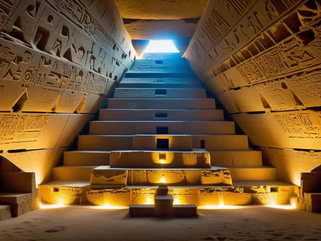 Explora las cámaras interiores de la Gran Pirámide de Giza, con sus jeroglíficos y pasadizos misteriosos