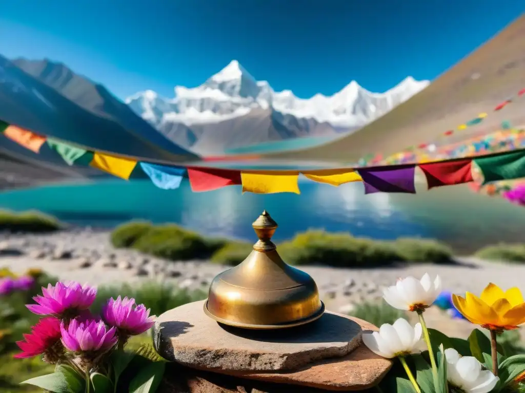 Campanas tibetanas limpieza energética en paisaje sereno de Tibet: montañas, lago, banderas de oración y campana tibetana entre flores silvestres