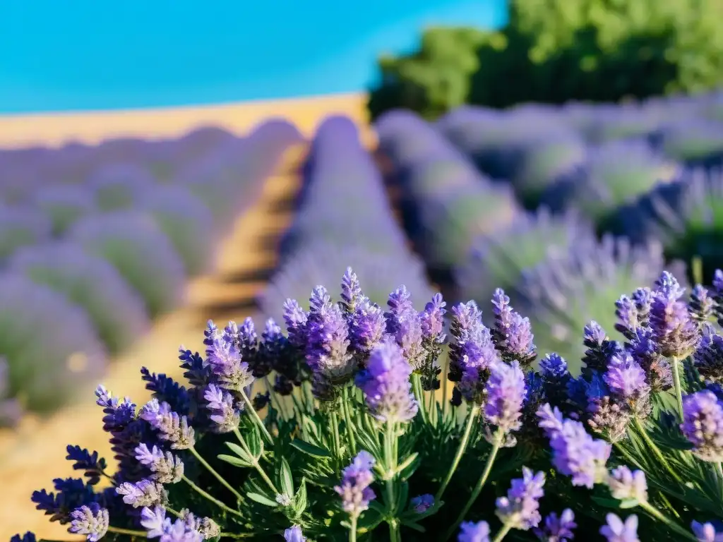 Un campo de lavanda en floración bajo el cielo azul, donde las abejas polinizan suavemente