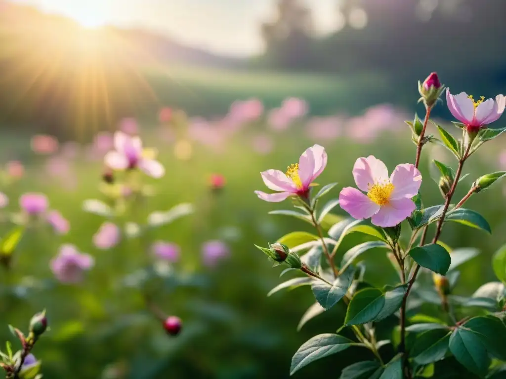 Campo sereno con flores vibrantes de Bach, como Rosa de Roca y Cerasífera, iluminadas por el sol