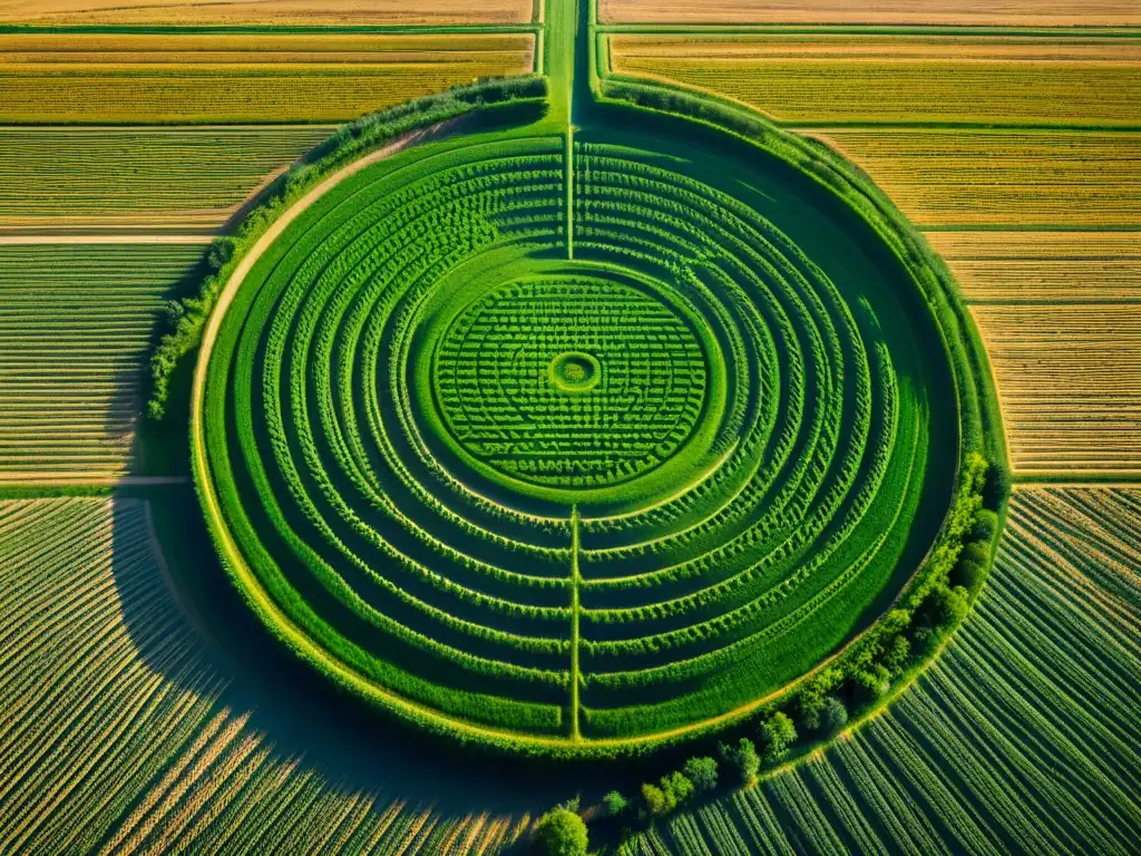 Campo de trigo con Círculos de Cosechas Misteriosos en diseño geométrico, sombras largas bajo el sol