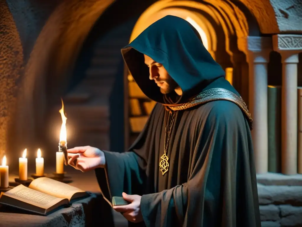 Figura en capa oscura tocando tomo con símbolo de serpiente y bastón en cámara subterránea iluminada por velas