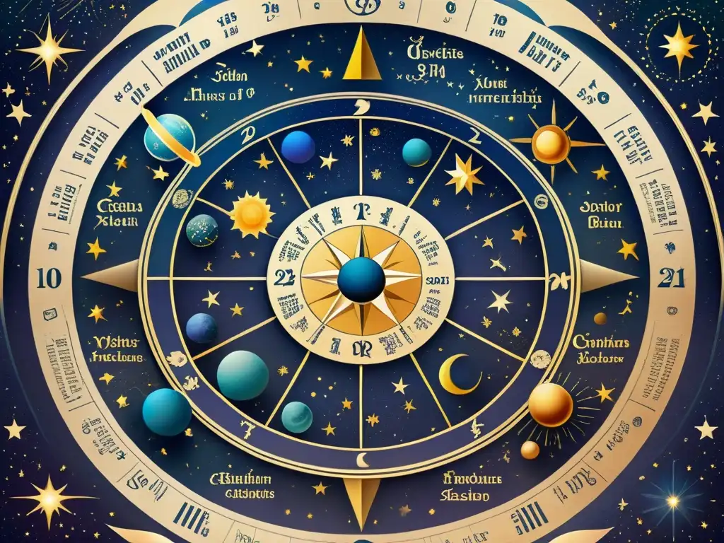 Una carta astral detallada en pergamino, con signos zodiacales y símbolos celestiales, sobre un cielo estrellado