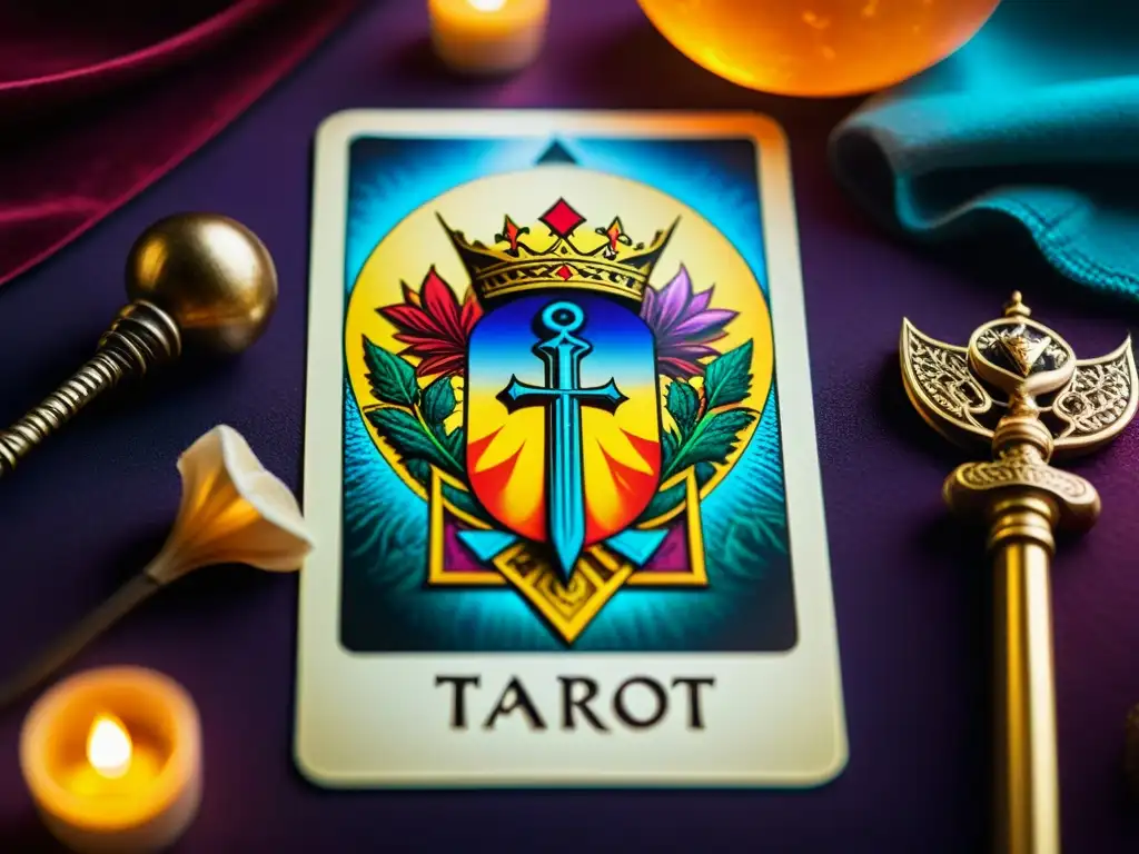 Una carta del Tarot detallada con colores vibrantes y simbología mística, rodeada de energía etérea