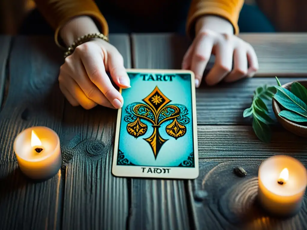 Una carta de tarot detallada sobre mesa de madera envejecida, con diseño vibrante y misterioso