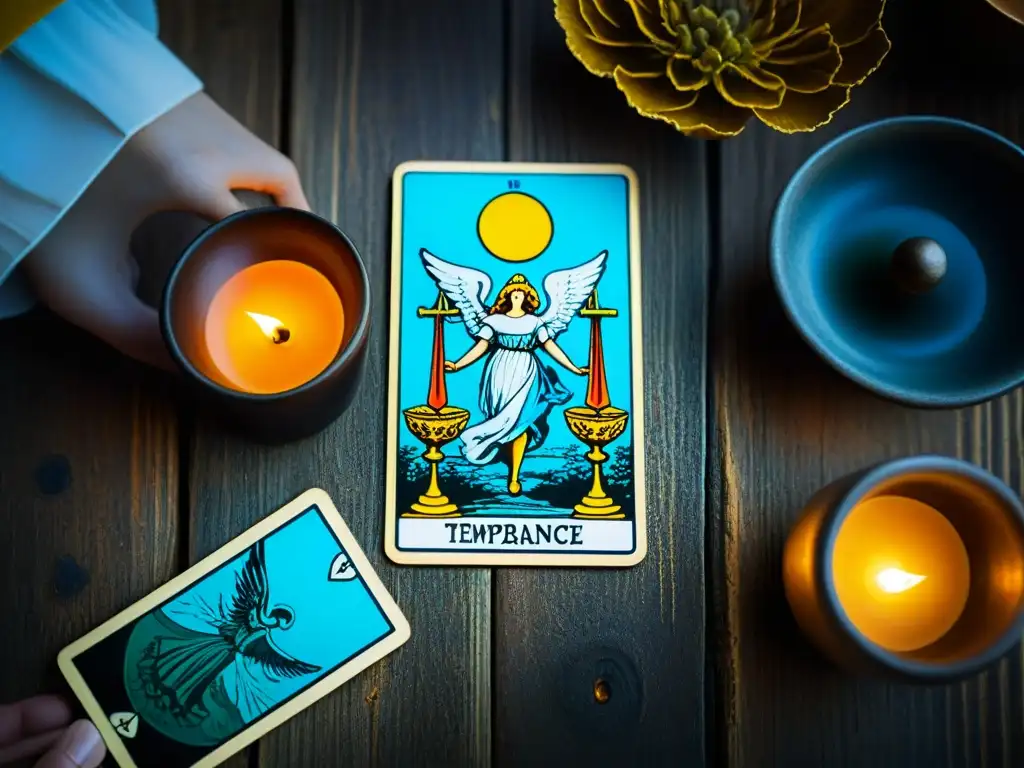 Carta del Tarot 'Temperance' sobre mesa de madera, simbolizando equilibrio y moderación