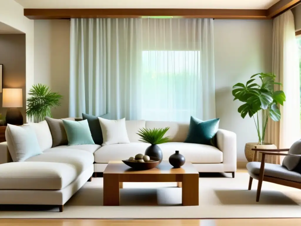 Salón armonioso según Feng Shui para armonía en casa con muebles equilibrados, colores calmantes y elementos naturales