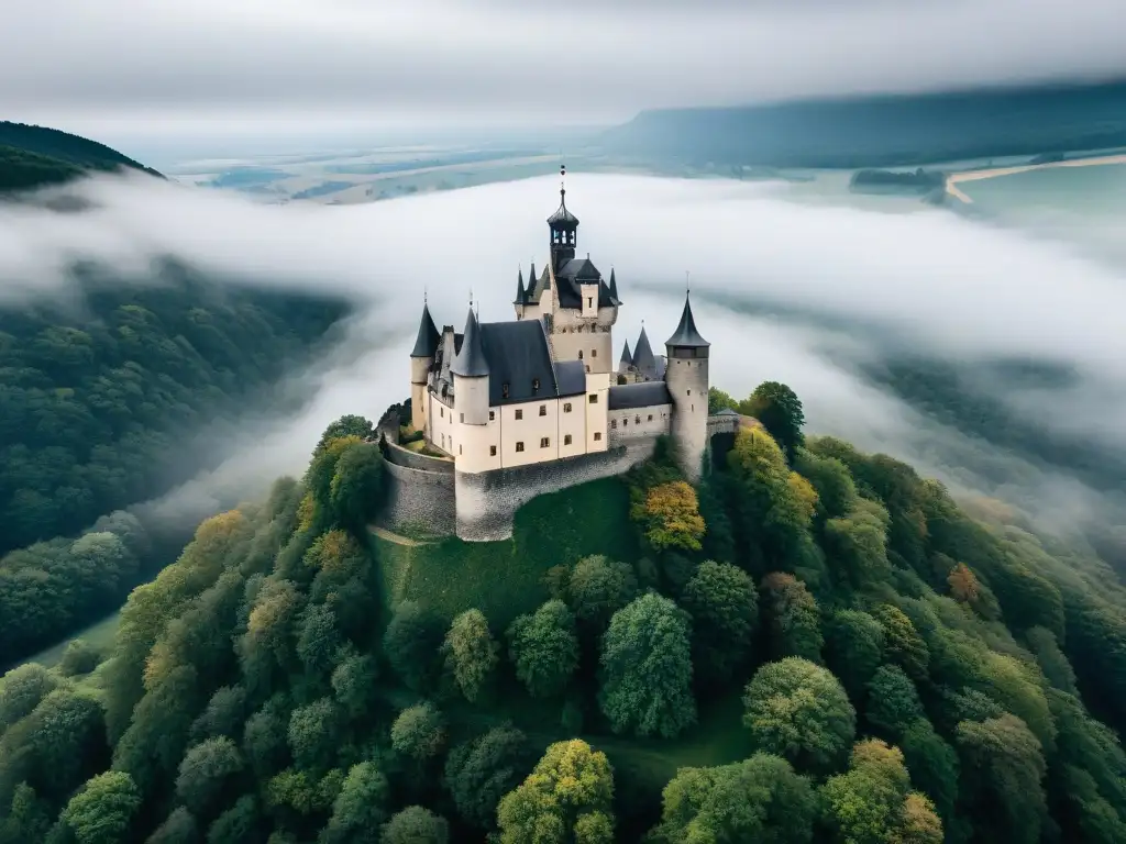 Castillo enigmático de Wewelsburg envuelto en neblina densa, evocando secreto y poder