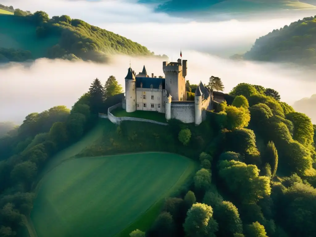 Castillo medieval en colinas francesas, rodeado de bosque neblinoso al atardecer