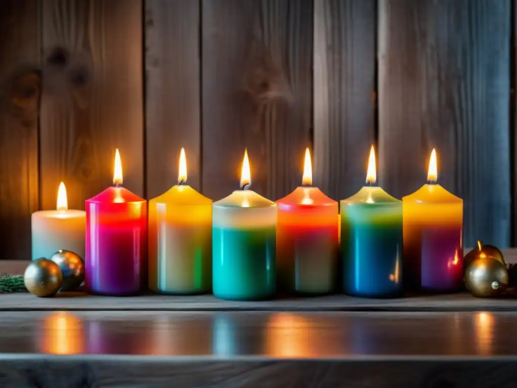 Una cautivadora imagen de velas mágicas de colores y aromas, creando una atmósfera mística y cálida en una mesa de madera rústica