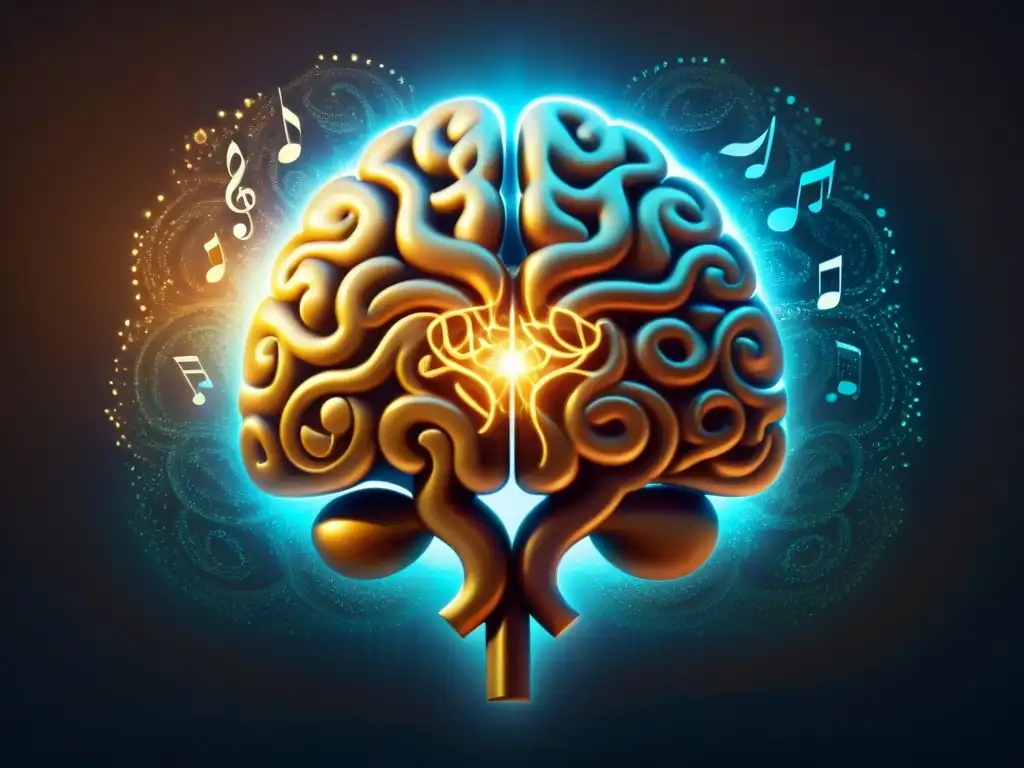 Un cerebro musical con mensajes subliminales en la música, envuelto en un resplandor misterioso