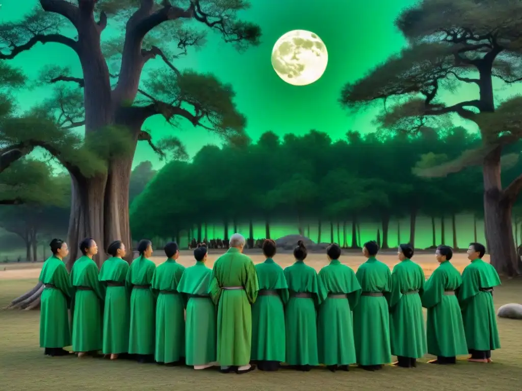 Una ceremonia de acupuntura nocturna en un claro iluminado por la luna, con individuos en túnicas verdes