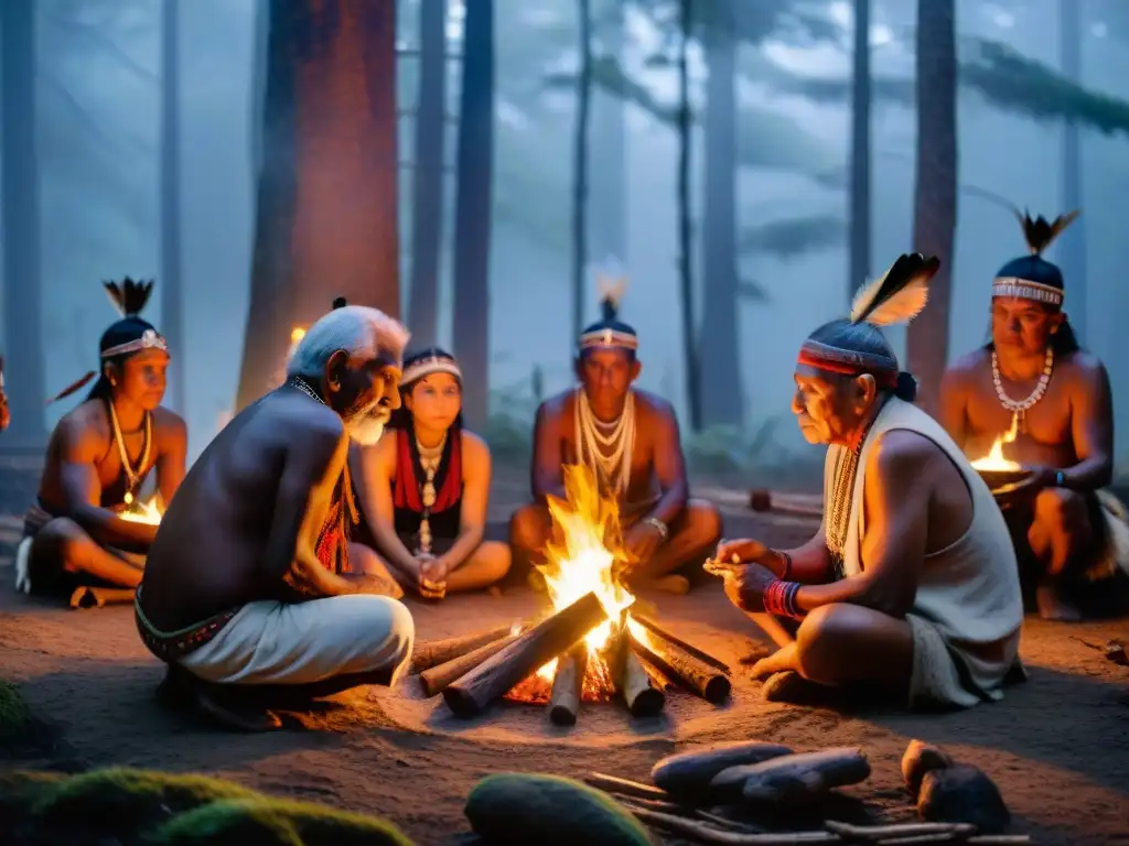 Ceremonia de iniciación de ancianos indígenas en el bosque con artefactos antiguos y luz de fuego