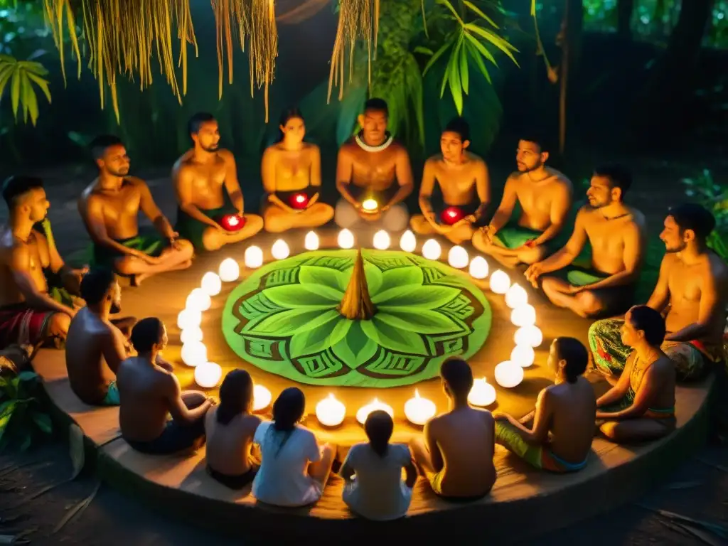 Ceremonia de Ayahuasca en la selva amazónica: chamán lidera ritual espiritual entre participantes en un círculo, iluminados por velas