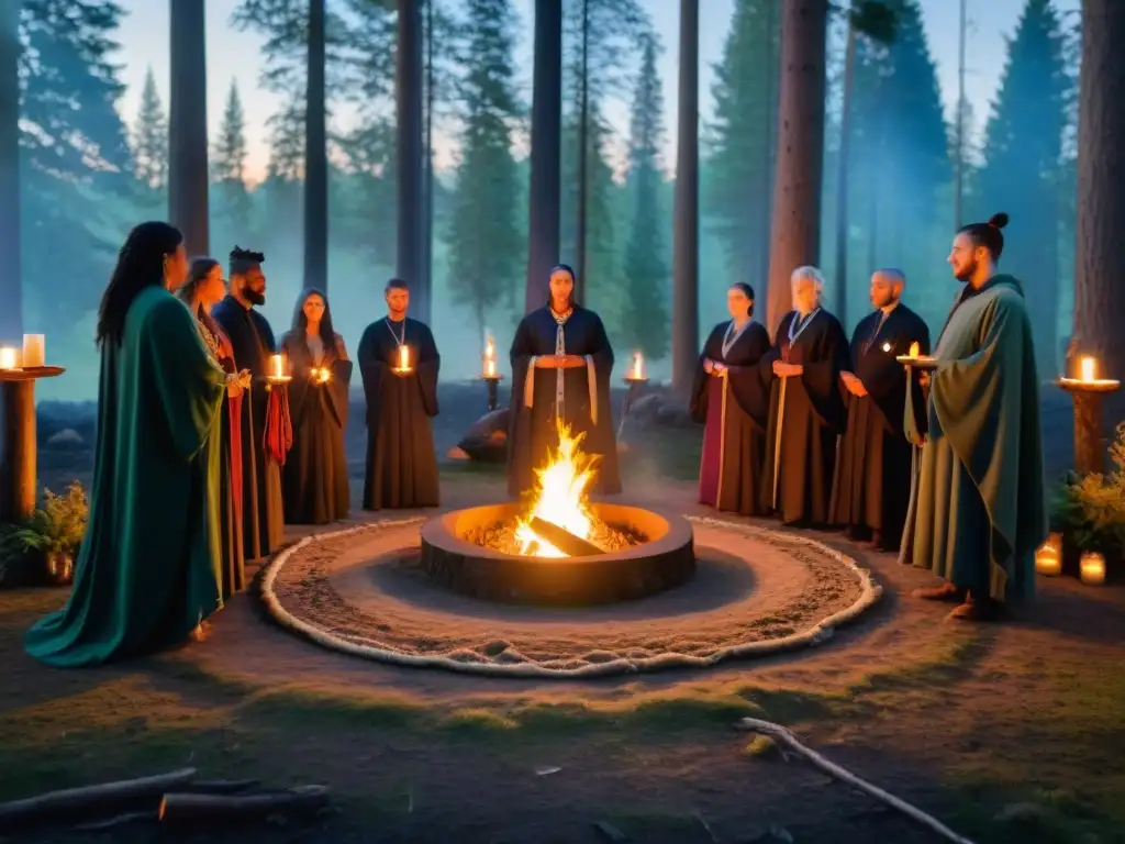 Ceremonia Wiccan en bosque antiguo al anochecer