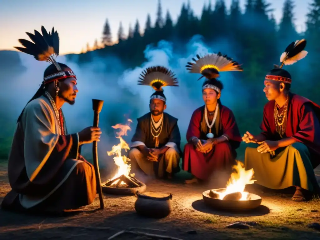 Ceremonia esotérica de chamanes con música y magia en un bosque al atardecer