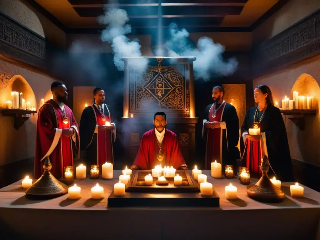 Una ceremonia espiritual en una cámara rosacruz iluminada por velas, con símbolos y participantes en túnicas, creando una atmósfera mística