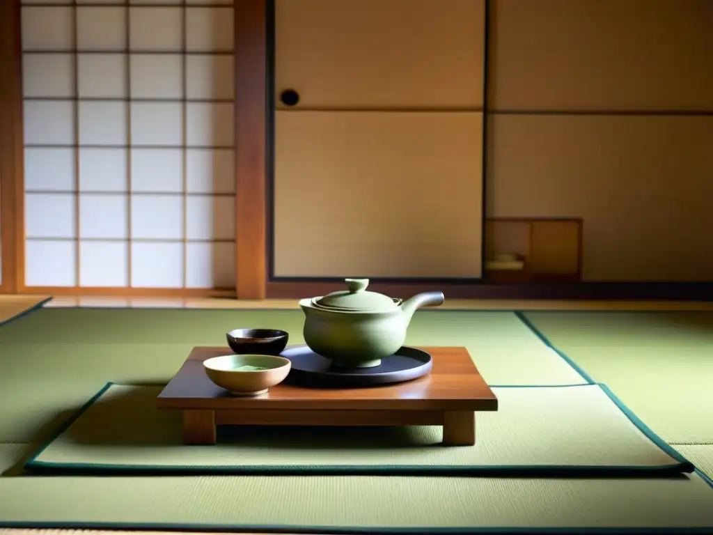 Una ceremonia de té japonesa serena en una habitación tradicional de tatami, revelando la influencia de los tés ceremoniales secretos en la modernidad