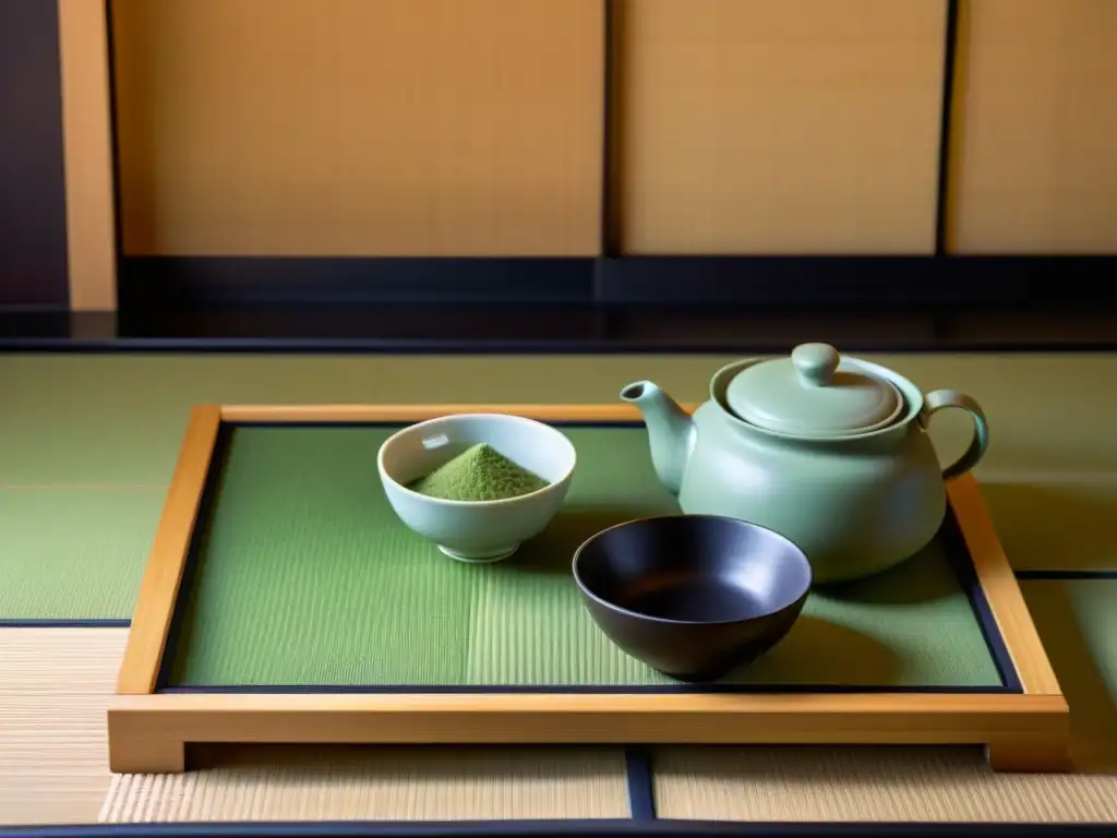 Una ceremonia del té japonesa con un set tradicional sobre un tatami, destacando la influencia moderna de los secretos tés ceremoniales