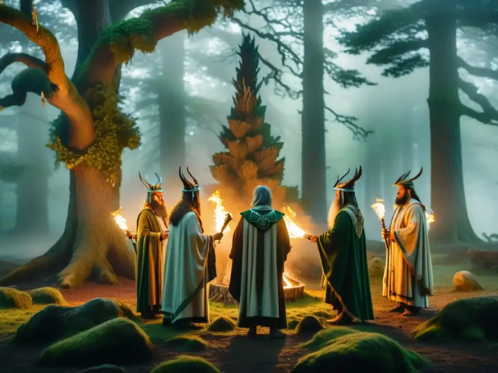 Ceremonia mágica de druidas en el bosque: secretos celtas, magia ancestral