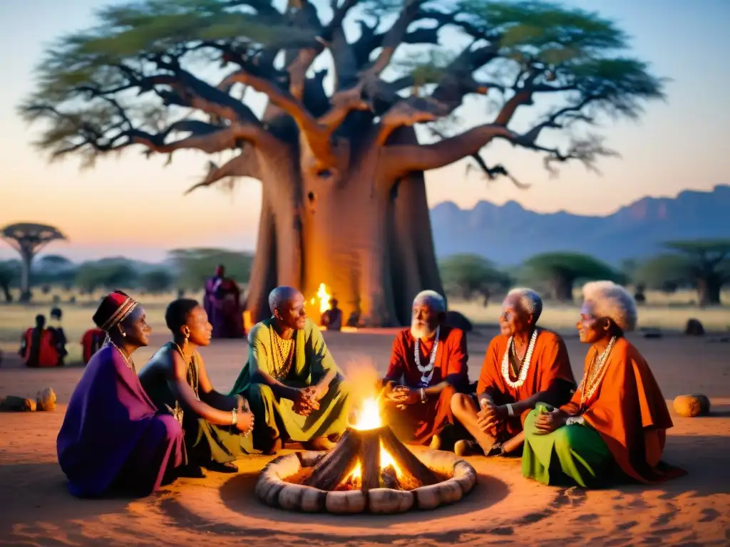 Ceremonia mística de ancianos africanos en círculo bajo un baobab, con símbolos y fuego ritual