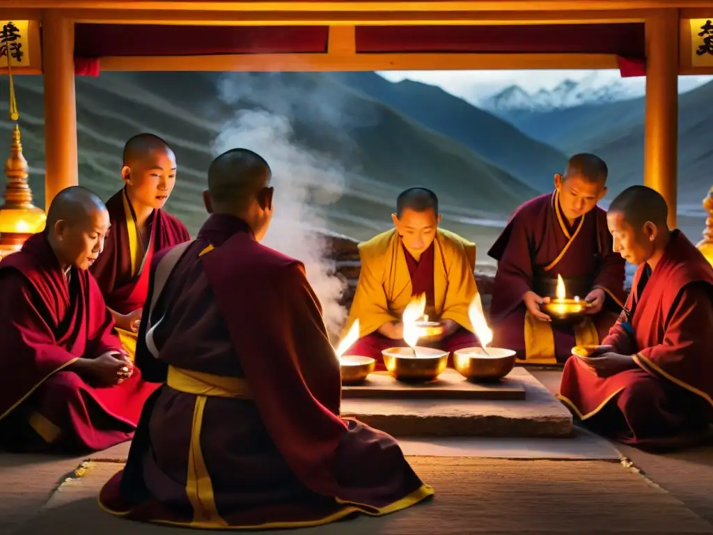 Ritual místico: monjes Bonpo en templo tibetano Ceremonia mística de monjes Bonpo en templo tibetano