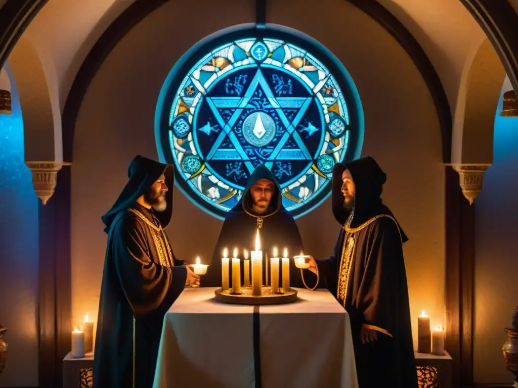 Ritual secreto de sociedad misteriosa bajo la luna llena Ceremonia mística en cámara secreta con símbolos antiguos y figuras encapuchadas en ritual bajo luna llena