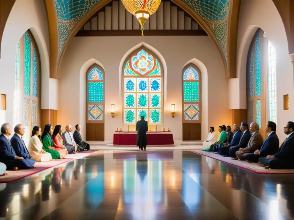 Una ceremonia religiosa en una mezquita ornada con patrones geométricos, reflejando la riqueza cultural de las Sociedades secretas en Oriente Medio