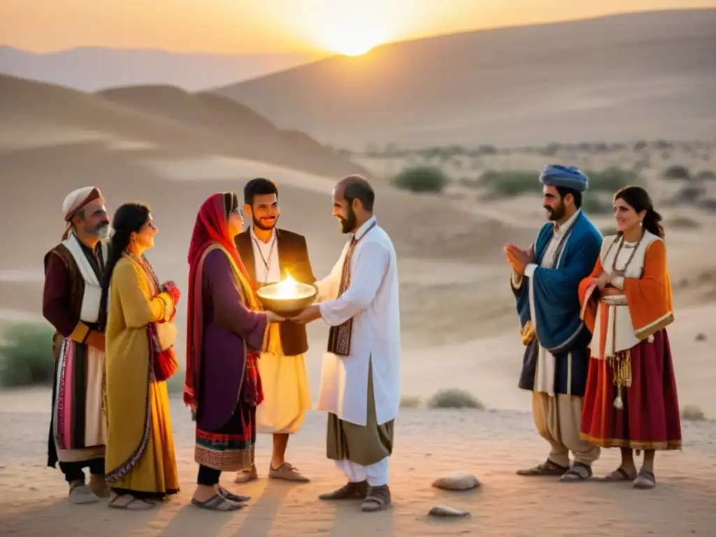 Ceremonia sagrada al amanecer de Yezidis en Mesopotamia, vestidos con ropas tradicionales vibrantes, practicando rituales esotéricos
