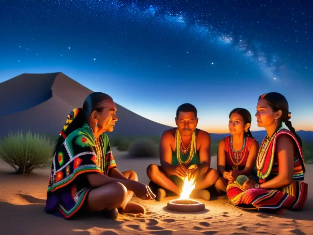 Ceremonia sagrada de Huicholes con plantas sagradas en el desierto de noche, revelando secretos curativos de culturas ancestrales